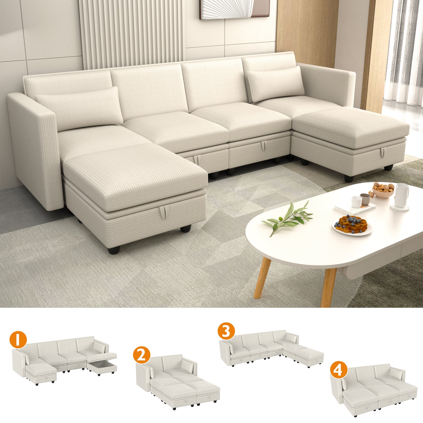 Eunon Modular Sectional Couch with Storage U Shape Chenille Sectional Couch With Reversible Adjustable Ergonomic Chaises,Beige