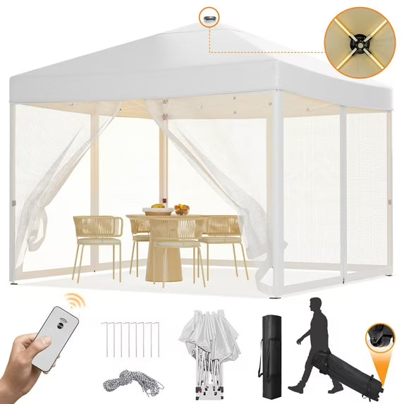 Vecukty 10x10ft Pop Up Canopy Tent with Removable Mesh Mosquito Sidewalls, Remote-Controlled 8-Color LED Lights ,Instant Outdoor Shelter Gazebo Tent, White
