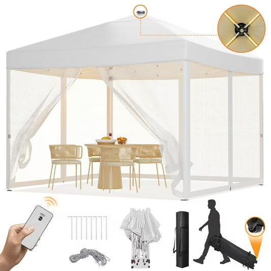 Vecukty 10x10ft Pop Up Canopy Tent with Removable Mesh Mosquito Sidewalls, Remote-Controlled 8-Color LED Lights ,Instant Outdoor Shelter Gazebo Tent, White