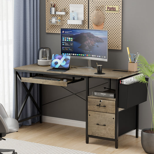 Eunon 55 inch Computer Desk with Lockable Drawers & Power Outlet & Keyboard Tray Home Office Desk, Grey