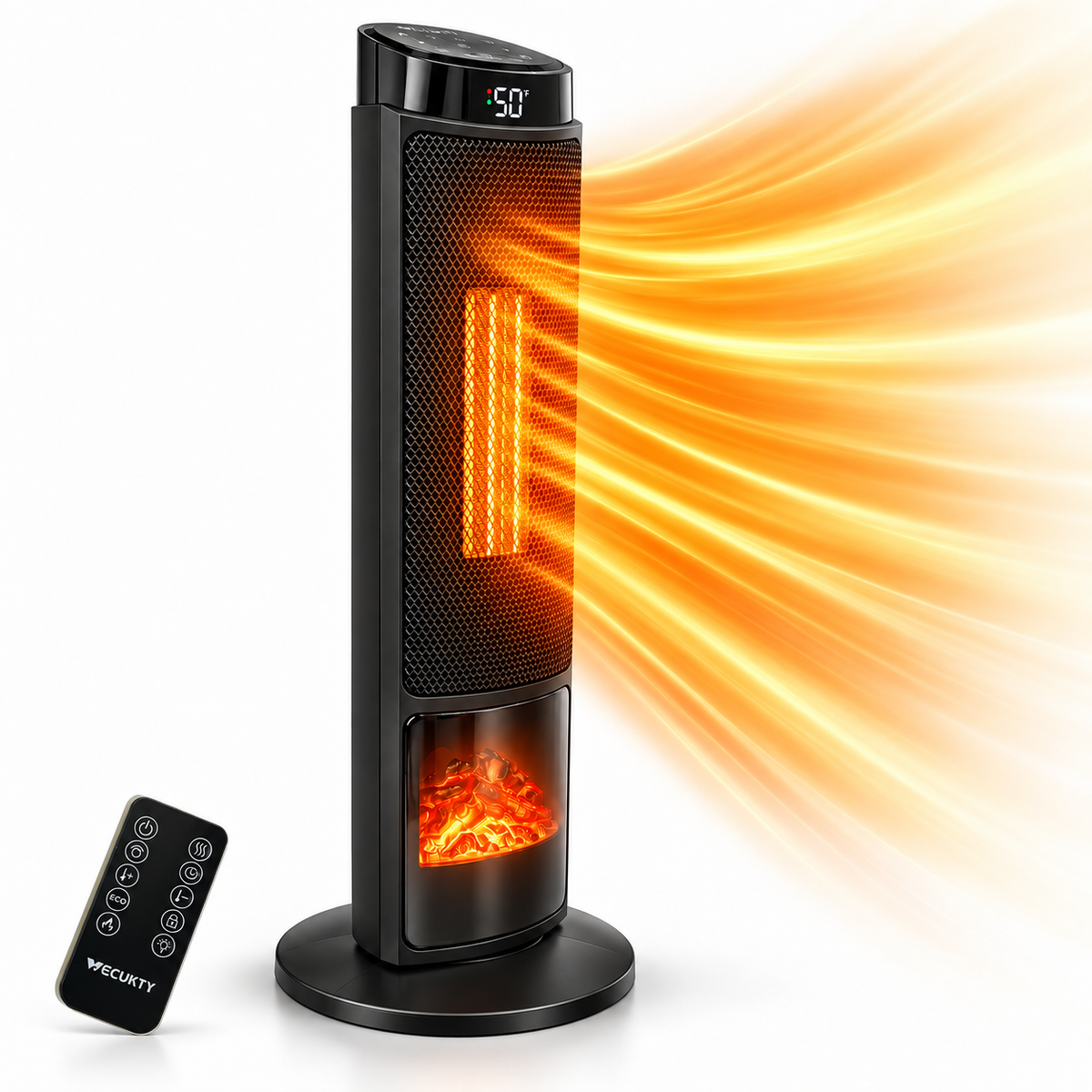 Vecukty Tower Space Heater with 3D Flame, 1500W Portable Electric Heater with Remote Control, Thermostat, 12H Timer for Home Office