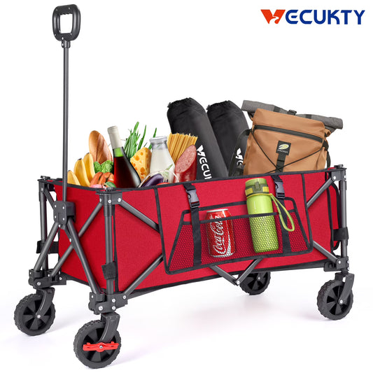 Gathered Collapsible Mini Camping Wagon, Vecukty Portable Foldable Cart, Heavy Duty Folding Utility Grocery Wagon with 150lbs, for Shopping,Sports,Fishing,Beach,Garden,Red