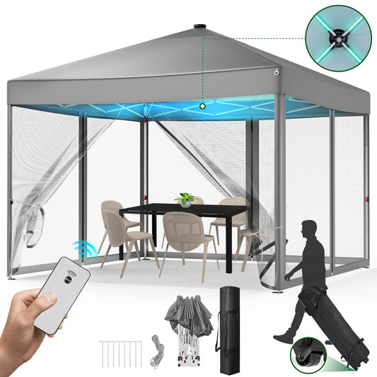 Vecukty 10x10ft Pop Up Canopy Tent with Removable Mesh Mosquito Sidewalls, Remote-Controlled 8-Color LED Lights ,Instant Outdoor Shelter Gazebo Tent,Gray