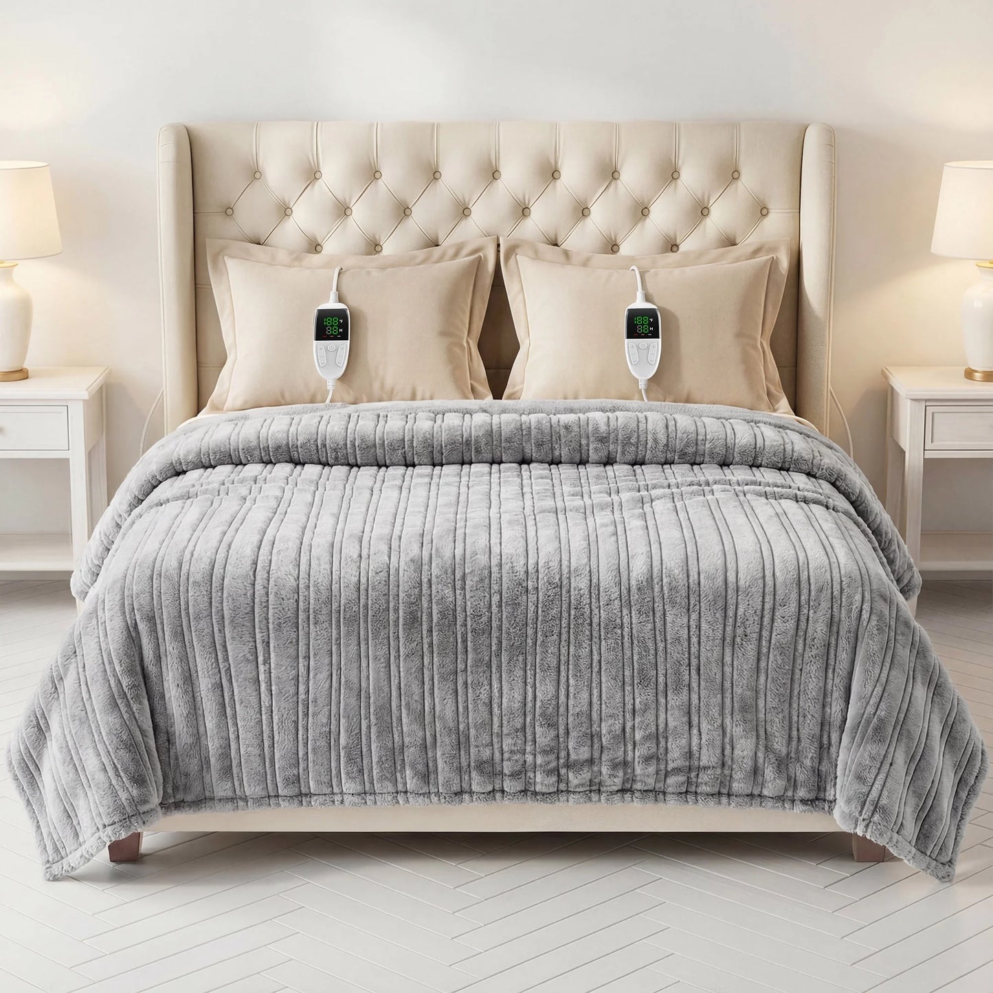 Keenstone Double-sided Flannel Electric Heated Blanket King Size Dual Control, 90"x100" Machine Washable Fast Heating Blanket with 6 Heating Levels &10 Hours Auto Off, Gray