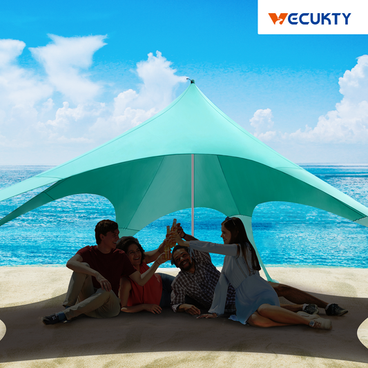 Beach Canopy Tent Sun Shade, VECUKTY 12x12 FT Beach Tent Sun Shelter UPF 50+ UV Protection with Sandbags , 1 Stability Poles and Ground Pegs and Anti-Wind Ropes,Turquoise