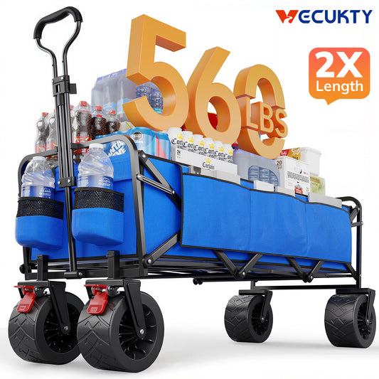 Vecukty 51.2" Large Collapsible Folding Wagon Cart, 560 lbs Load Capacity, Heavy-Duty Steel Frame & Oversized Wheels for Grocery Shopping, Camping, Sports, Moving – Blue