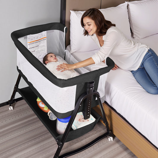 SACVON Baby Bassinet, Beside Sleeper for Baby, Bedside Bassinet with Storage Basket and Wheels to Reduce Mom's Fatigue, Black