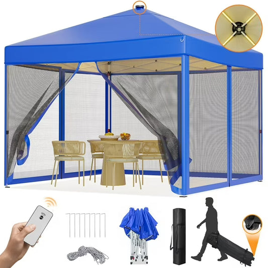 Vecukty 10x10ft Pop Up Canopy Tent with Removable Mesh Mosquito Sidewalls, Remote-Controlled 8-Color LED Lights ,Instant Outdoor Shelter Gazebo Tent,Blue