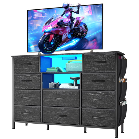 Eunon TV Stand with 10 Drawers, LED Lights, Power Outlets, Shelves, Side Pockets, Black, Fits TVs up to 55 Inches
