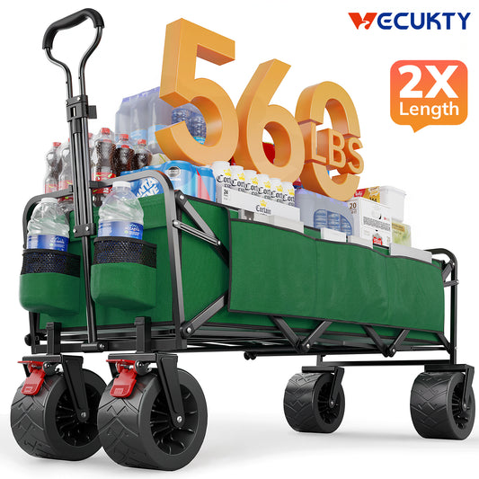 Vecukty 51.2" Large Collapsible Folding Wagon Cart, 560 lbs Load Capacity, Heavy-Duty Steel Frame & Oversized Wheels for Grocery Shopping, Camping, Sports, Moving –Green