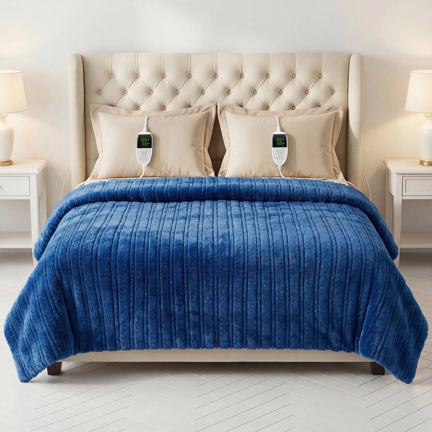 Keenstone Double-sided Flannel Electric Heated Blanket King Size Dual Control, 90"x100" Machine Washable Fast Heating Blanket with 6 Heating Levels &10 Hours Auto Off,Blue