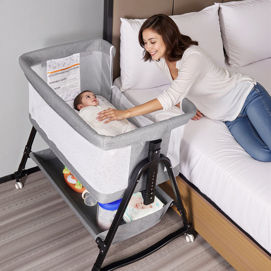 SACVON Baby Bassinet, Beside Sleeper for Baby, Bedside Bassinet with Storage Basket and Wheels to Reduce Mom's Fatigue, Gray