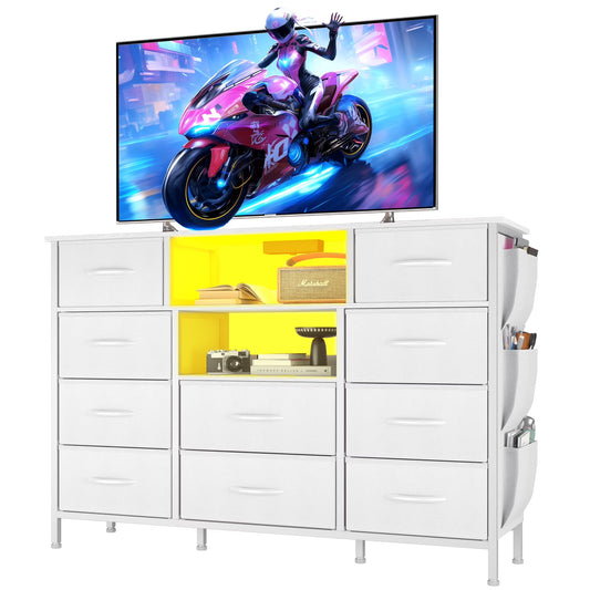 Eunon Dresser TV Stand with 10 Drawers for 55" TV Stand with LED Lights & Power Outlets Wide Dresser with Shelves & Side Pockets for Bedroom , White