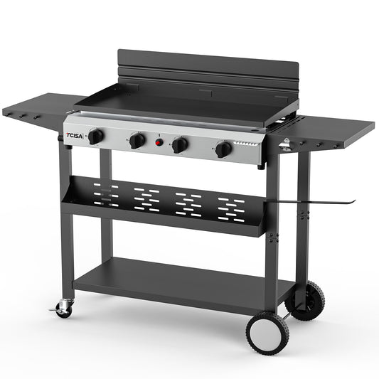 4 Burner Propane Gas Griddle with Standing Cart, Flat Top Grill with Hood for Camping, Tailgating, Backyard