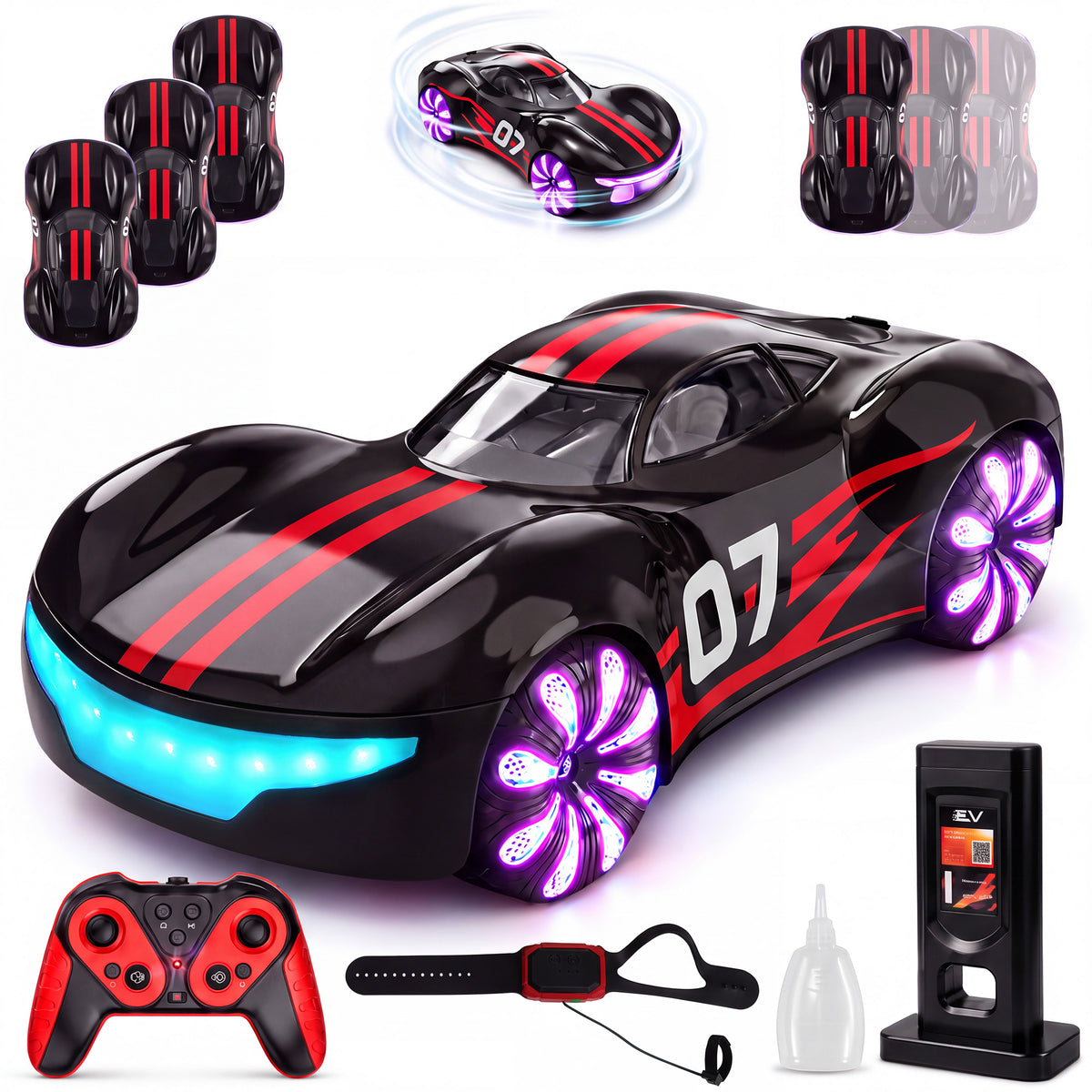 Vecukty RC Drift Stunt Car, 2.4G Remote Control Racing Car with Dual Mist Effect, LED Light Wheels, 360 Spinning & EV Charging Station