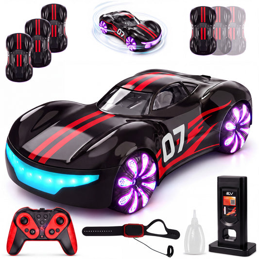 Vecukty RC Drift Stunt Car, 2.4G Dual Control, Gesture Watch & Hand Controller, Dual Mist Spray, Glowing Colorful LED Wheel Lights & Front Light Strip, 360 Spin Side Drift Toy Car, Gift for Kids