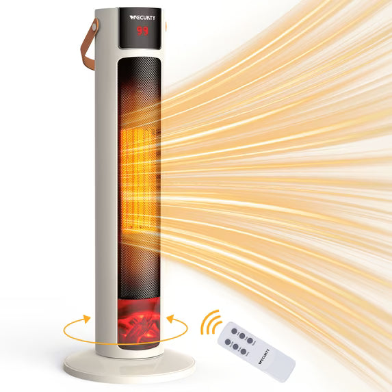VECUKTY 26" Tower Space Heater with 3D Flame, 1500W Portable Electric Tower Electric Heater, 60 °Oscillation, 9H Timer,Remote Control for Indoor Bedroom Office Home