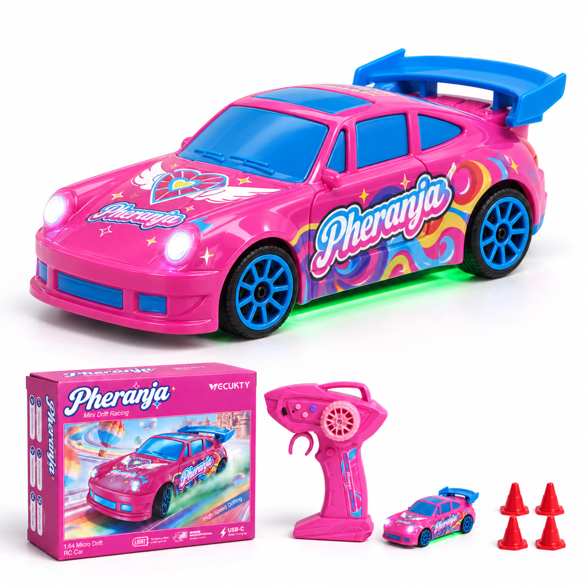 Vecukty 1:64 Pink Mini RC Drift Race Car, Heart Wing Graffiti with Blue Spoiler Remote Control Vehicle