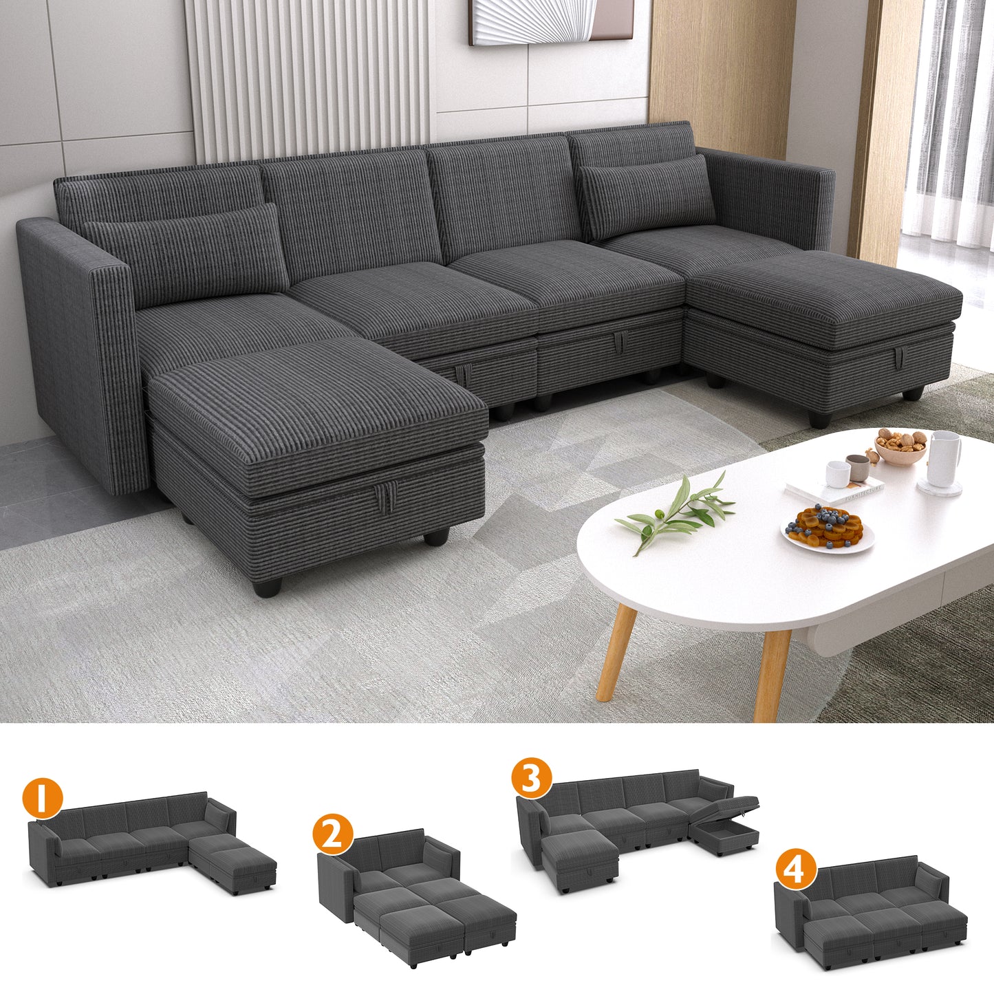 Eunon Modular Sectional Couch with Storage U Shape Chenille Sectional Couch With Reversible Adjustable Ergonomic Chaises , Gray