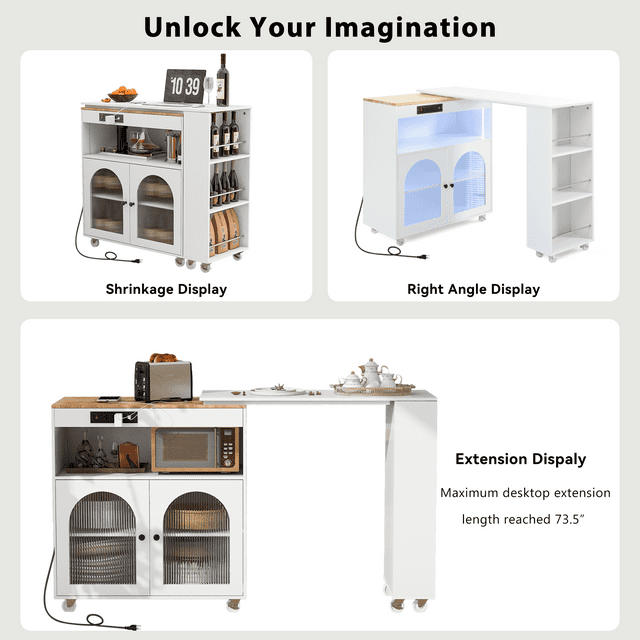TCISA Rolling Kitchen Island Cart Extendable Table With Fluted Glass Doors, LED Lights & Power Outlets,White