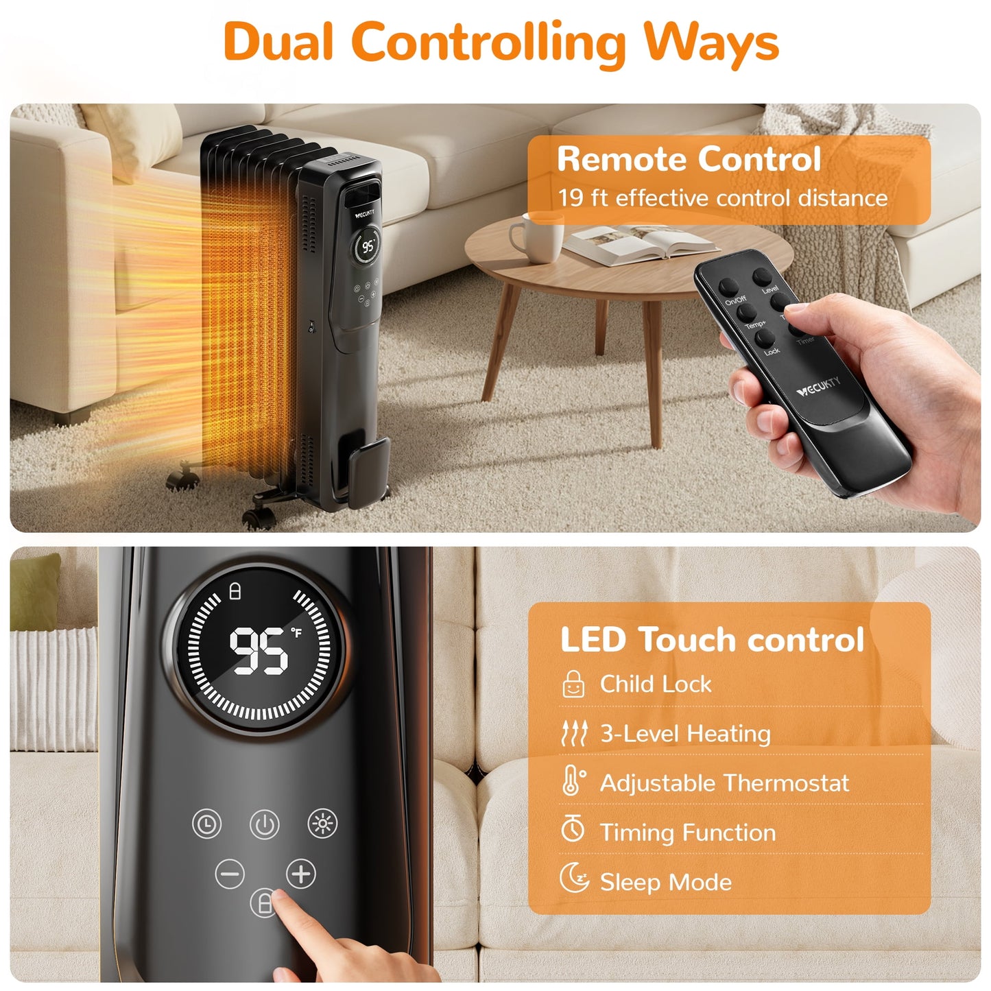 VECUKTY 1500W Oil Radiator Heater, Electric Oil Filled Space Heater Radiator with Remote Control,Child Lock,3 Modes,Overheat & Tip-Over Protection，24h Timer Digital Thermostat,Black