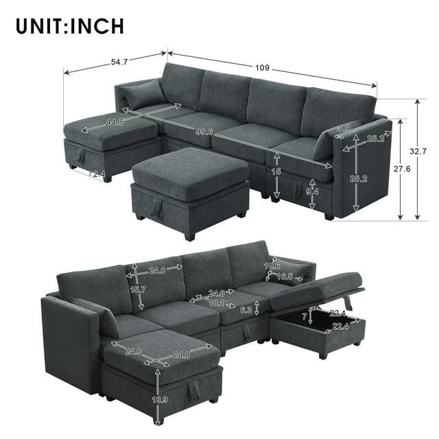 TCISA Sectional Couch Sleeper Sofa Bed with Storage - U-Shape Sectional Chenille Couch, Adjustable & Ergonomic, Solid Wood Frame, Gray