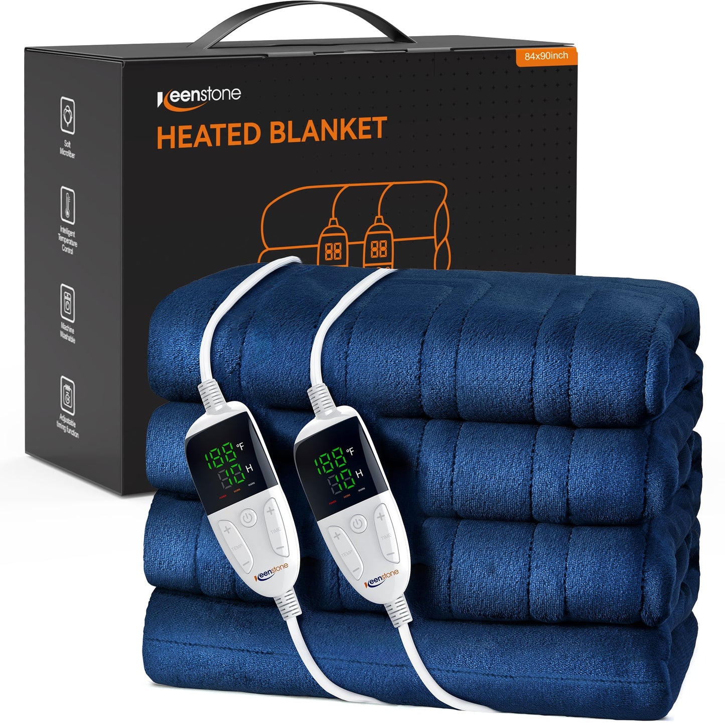 Keenstone Double-sided Flannel Electric Heated Blanket Queen Size Dual Control, 84"x90" Machine Washable Fast Heating Blanket with 6 Heating Levels &10 Hours Auto Off,Blue