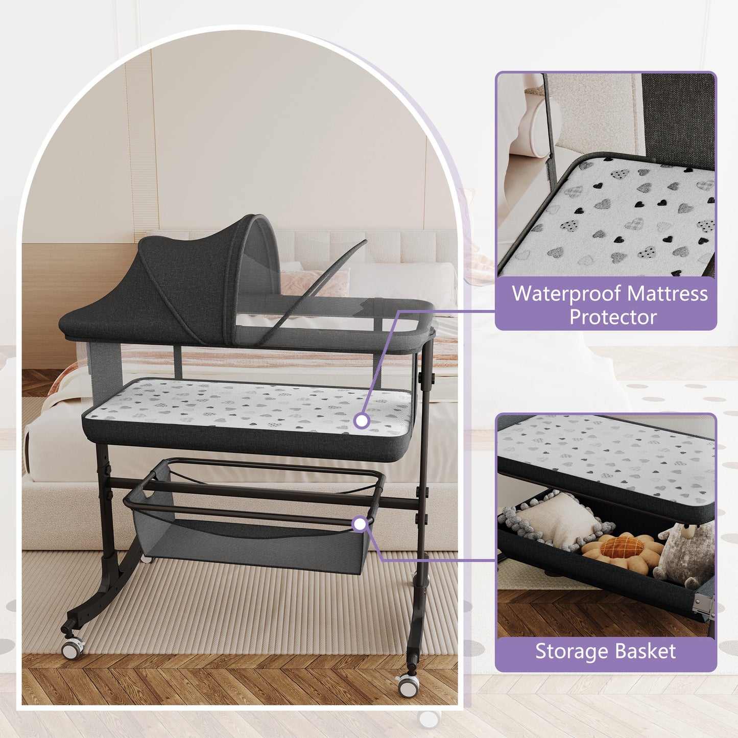 SACVON Baby Bassinets, All Mesh Crib Portable for Safe Co-Sleeping,Adjustable Bedside Sleeper,Baby Bed for Infant Newborn, Black