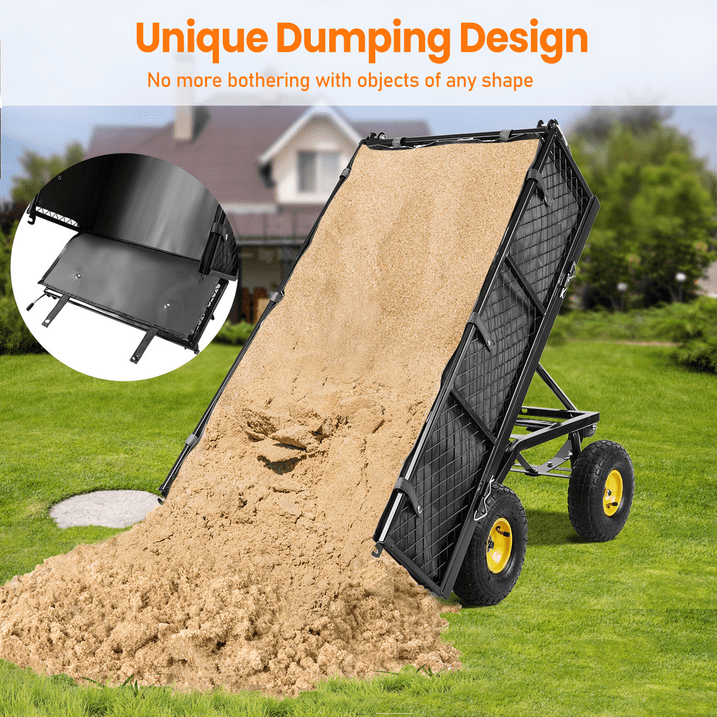 VECUKTY Heavy Duty Steel Dump Garden Cart with Liner, 900lbs Wagon 3 Cu ft 10" Wheel, Black