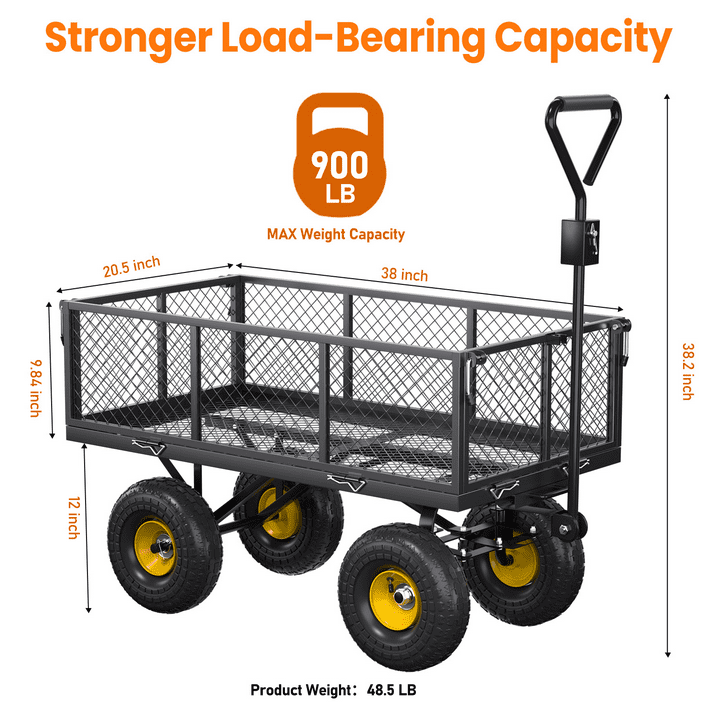 VECUKTY Heavy Duty Steel Dump Garden Cart with Liner, 900lbs Wagon 3 Cu ft 10" Wheel, Black