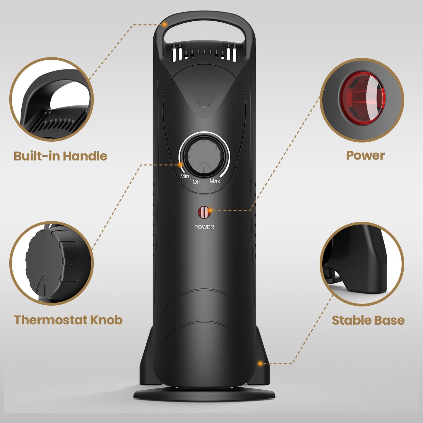 VECUKTY Mini Oil Heater, 500W Quiet Oil-Filled Radiator Heater with Thermostat, Overheat Protection, 2 Heat Settings, Electric Space Heater for Indoor Use