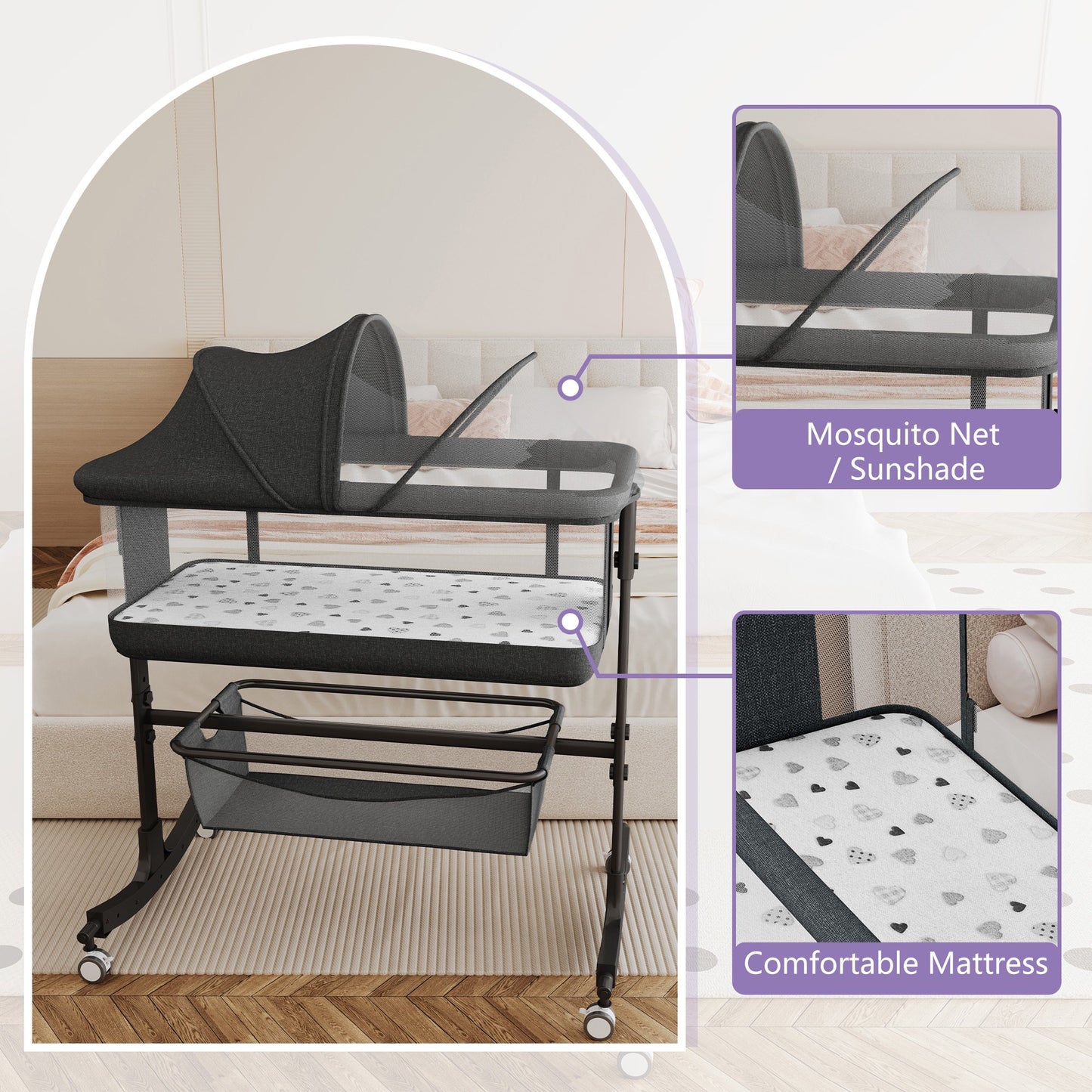 SACVON Baby Bassinets, All Mesh Crib Portable for Safe Co-Sleeping,Adjustable Bedside Sleeper,Baby Bed for Infant Newborn, Black