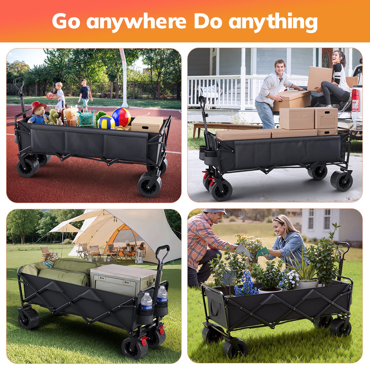 Vecukty 51.2" Large Collapsible Folding Wagon Cart, 560 lbs Load Capacity, Heavy-Duty Steel Frame & Oversized Wheels for Grocery Shopping, Camping, Sports, Moving – Black