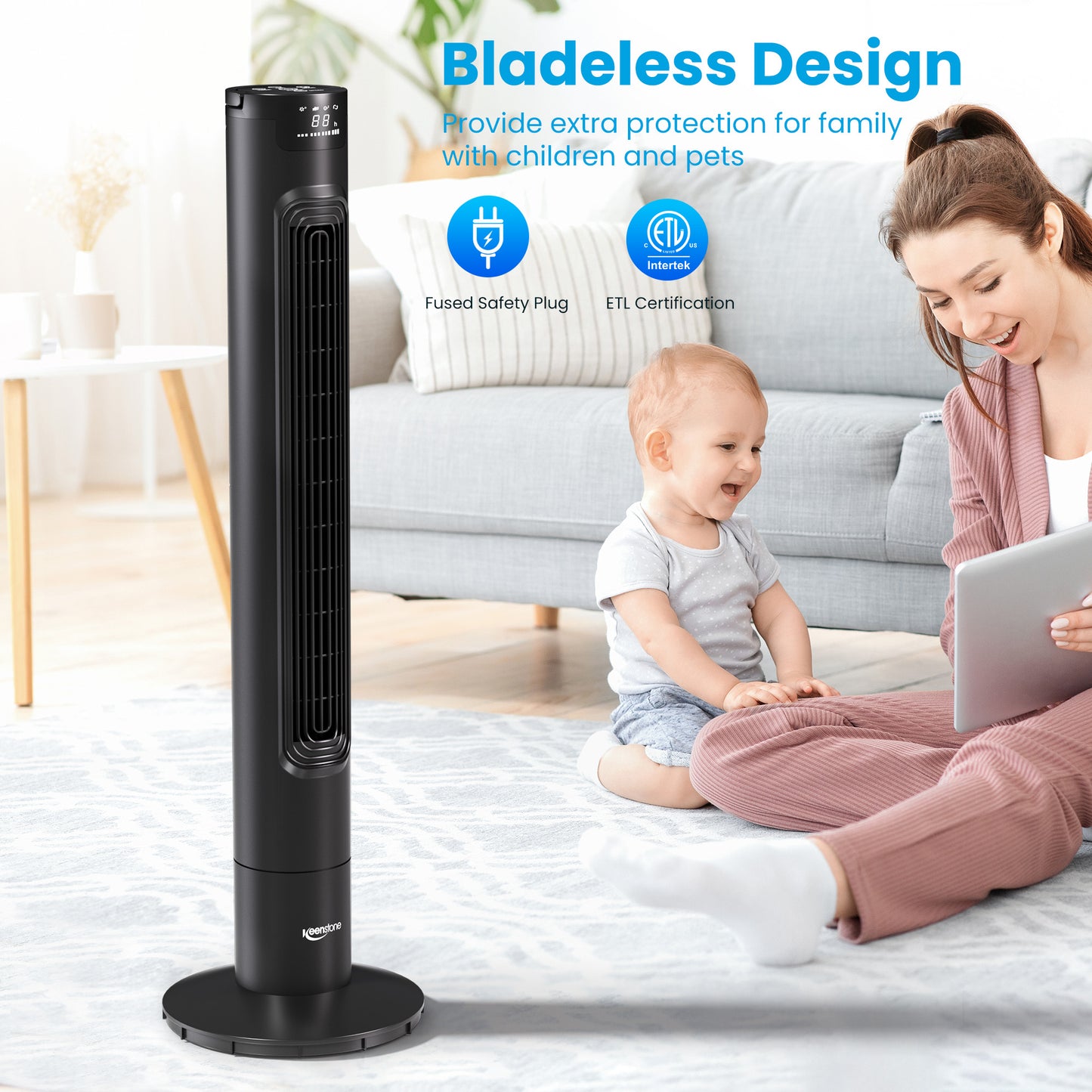Keenstone Tower Fan for Bedroom, 38 Inch Bladeless Fan, 75° Oscillating Fan, Quiet Floor Fan with Remote, LED Display, 3 Speeds 3 Modes, 7.5H Timer, Standing Fans for Home Living Room Office - Black