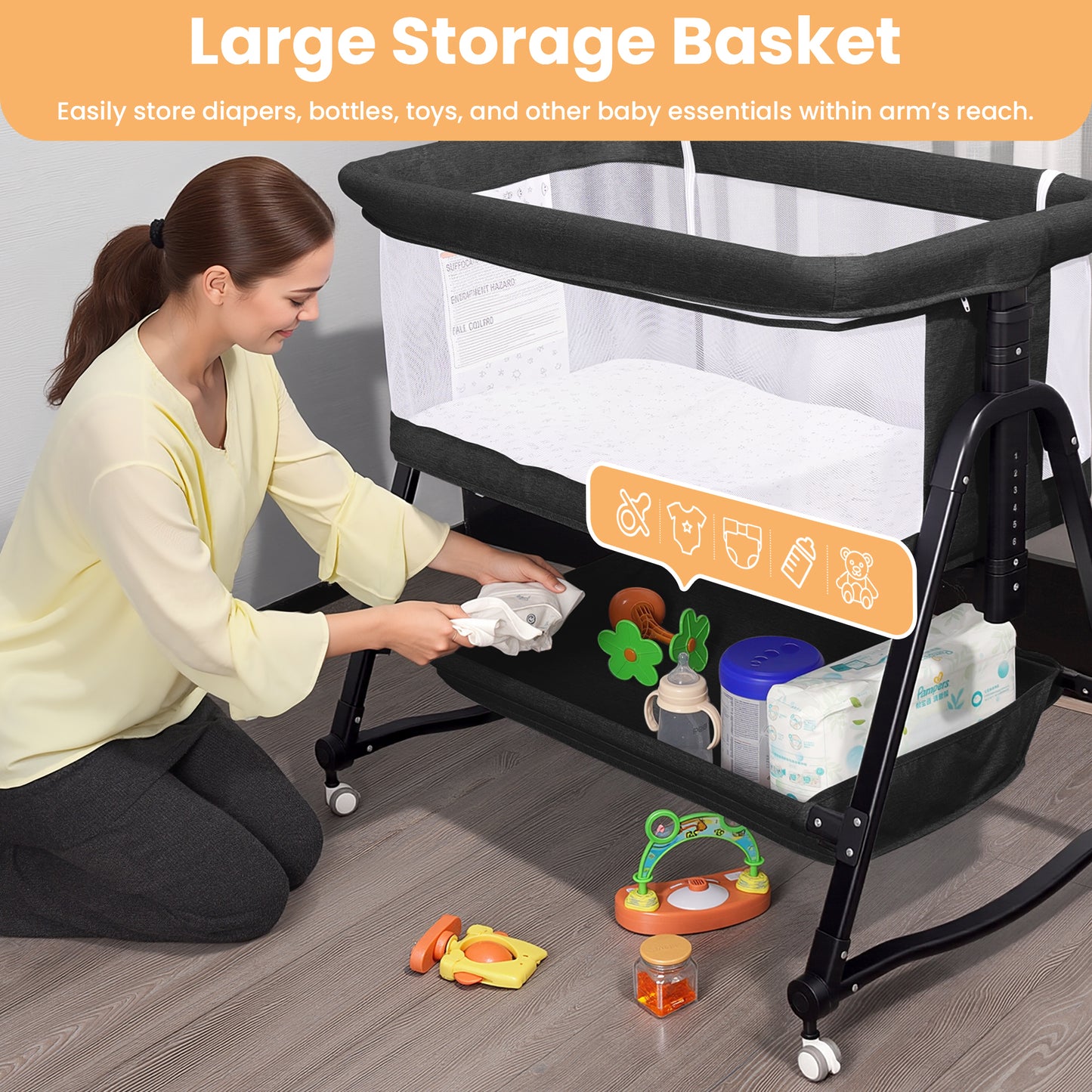 SACVON Baby Bassinet, Beside Sleeper for Baby, Bedside Bassinet with Storage Basket and Wheels to Reduce Mom's Fatigue, Black