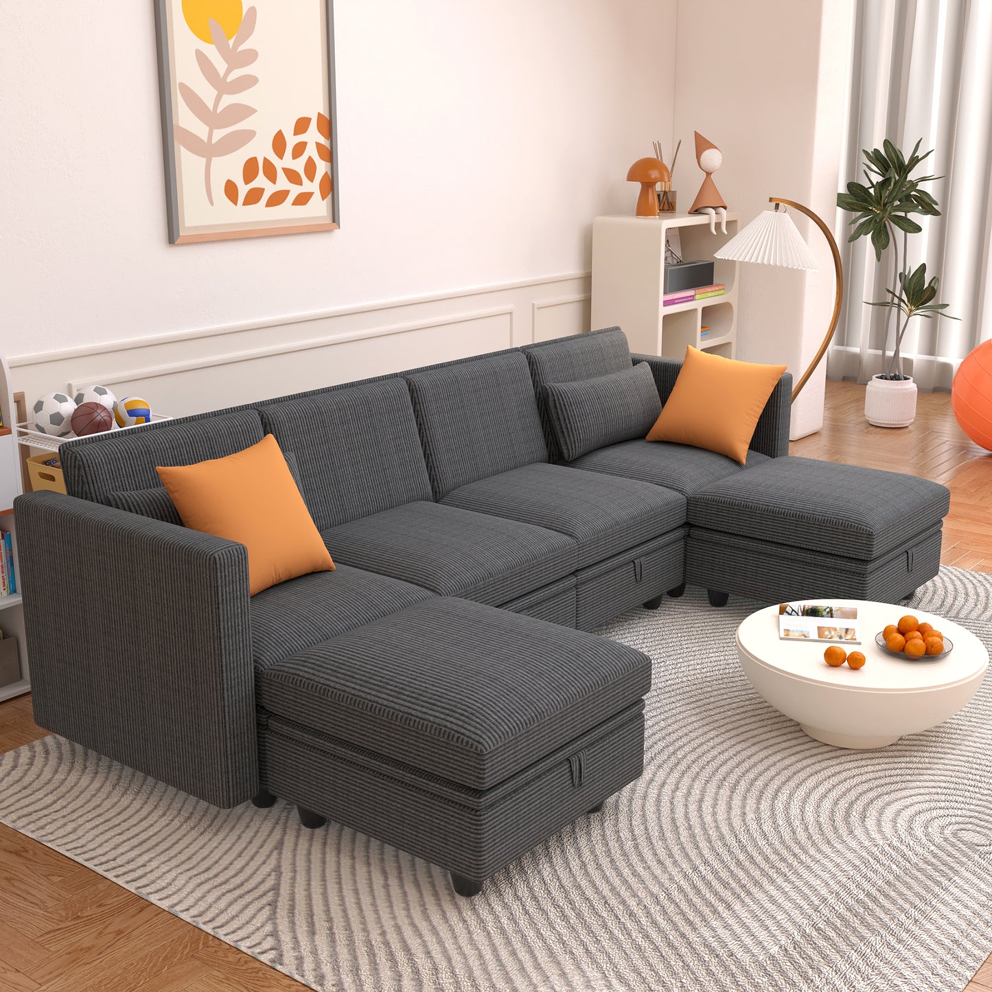 Eunon Modular Sectional Couch with Storage U Shape Chenille Sectional Couch With Reversible Adjustable Ergonomic Chaises , Gray