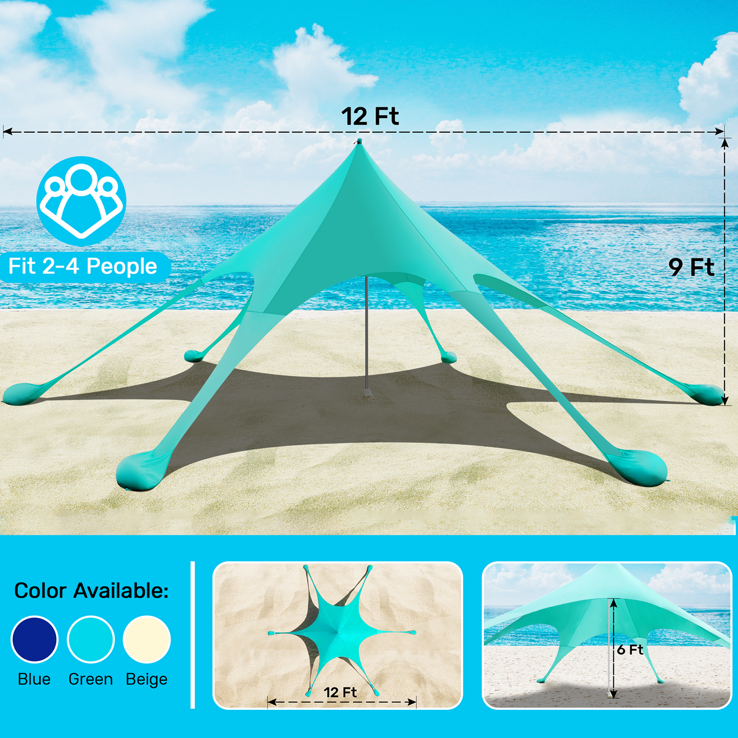Beach Canopy Tent Sun Shade, VECUKTY 12x12 FT Beach Tent Sun Shelter UPF 50+ UV Protection with Sandbags , 1 Stability Poles and Ground Pegs and Anti-Wind Ropes,Turquoise