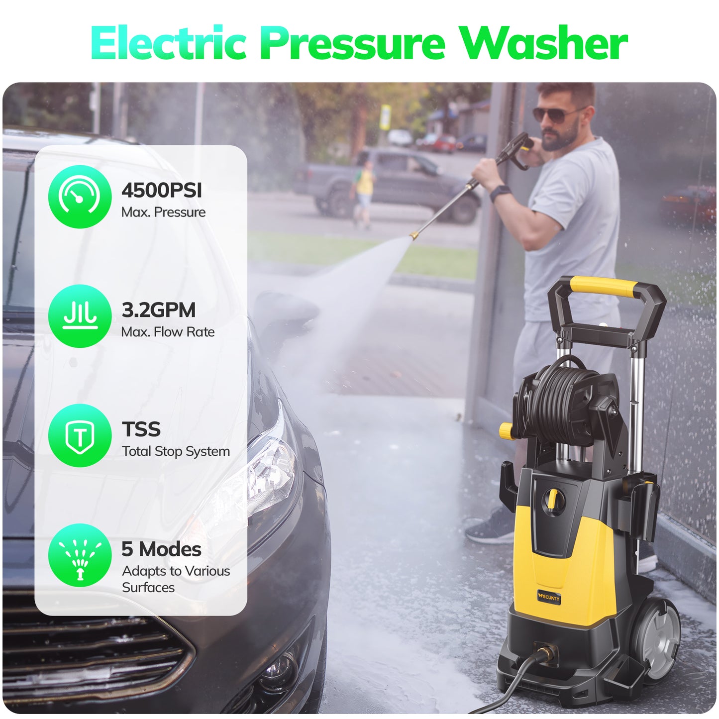 VECUKTY Electric Pressure Washer,4500 PSI Max 3.2 GPM Power Washer with 35FT Cord,20FT Hose,Retractable Handle,5 Quick Nozzles,Foam Cannon for Car Garden Patio