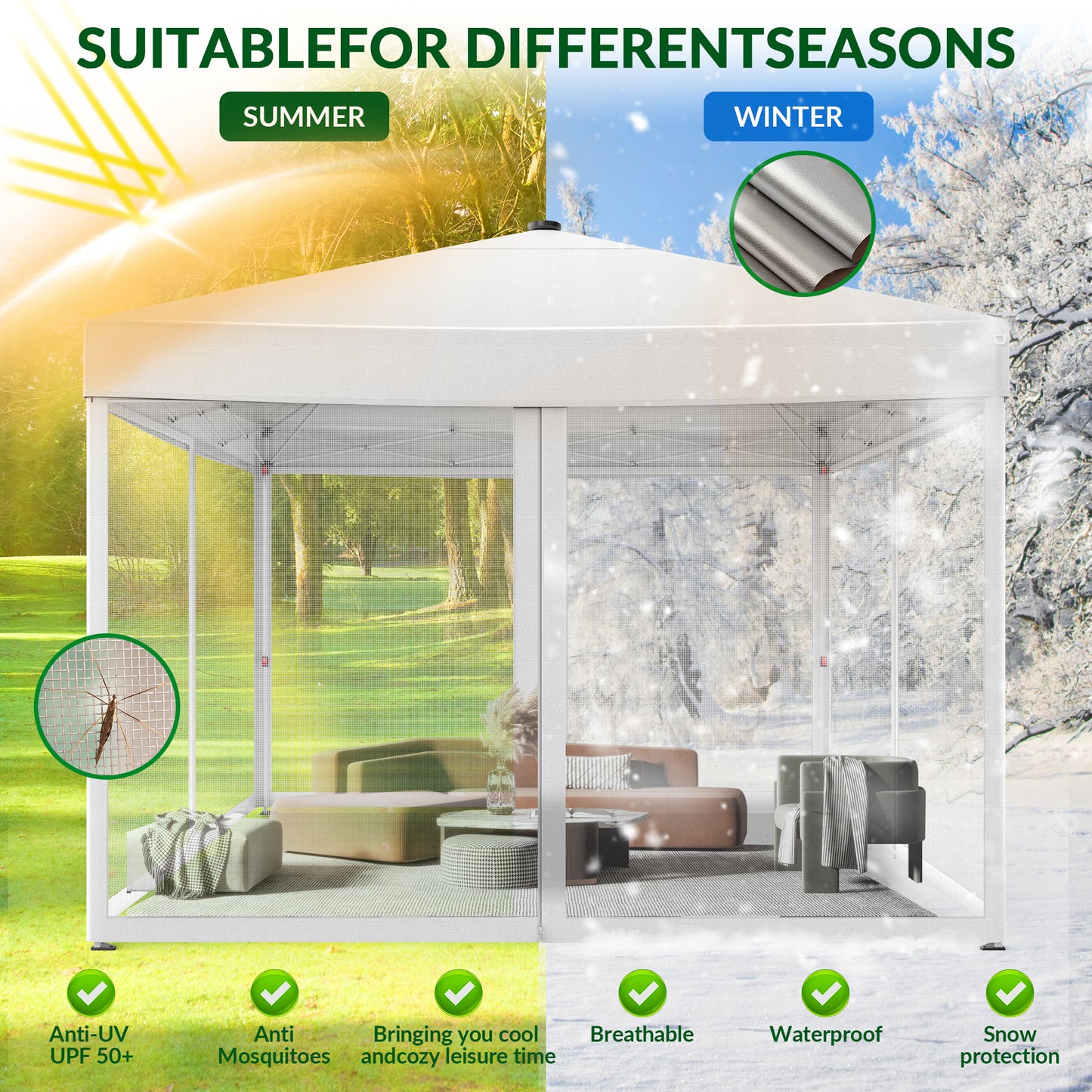 Vecukty 10x10ft Pop Up Canopy Tent with Removable Mesh Mosquito Sidewalls, Remote-Controlled 8-Color LED Lights ,Instant Outdoor Shelter Gazebo Tent, White