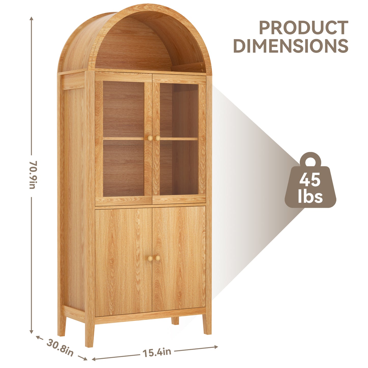 Eunon Tall Arched Storage Display Cabinet,Arched Storage Cabinet With Doors Retro Oak