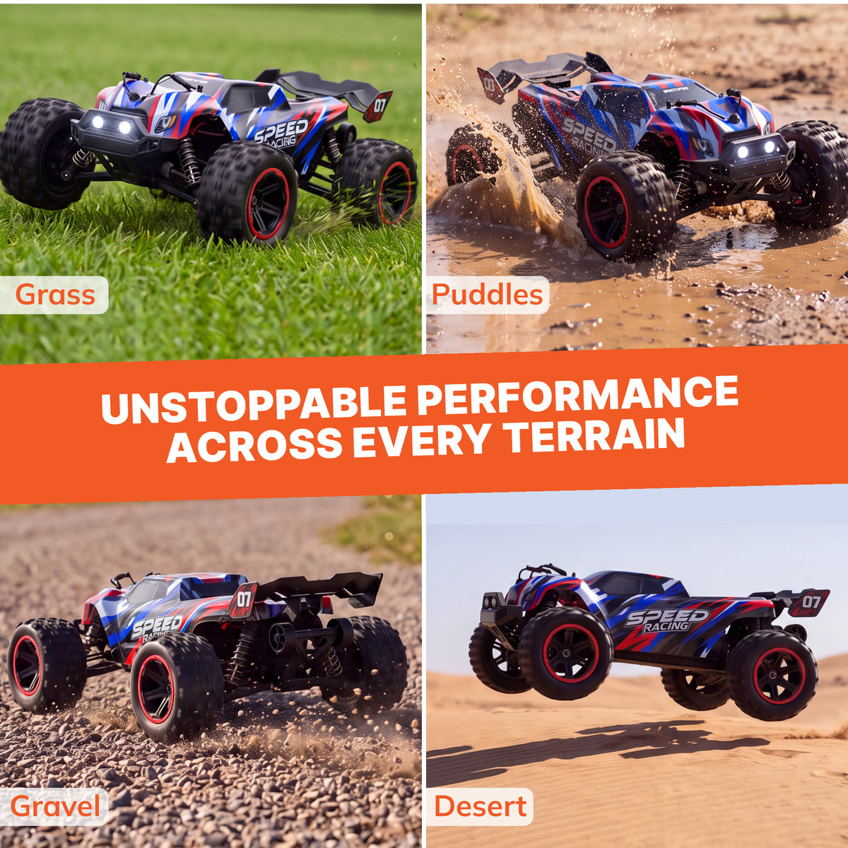 Vecukty 1:14 Scale 4WD RC Off-Road Truck, 40 KM/H High Speed Vehicle, Water Resistant, Dual 7.4V 1500mAh Batteries, 2.4GHz Remote Control with LED Lights