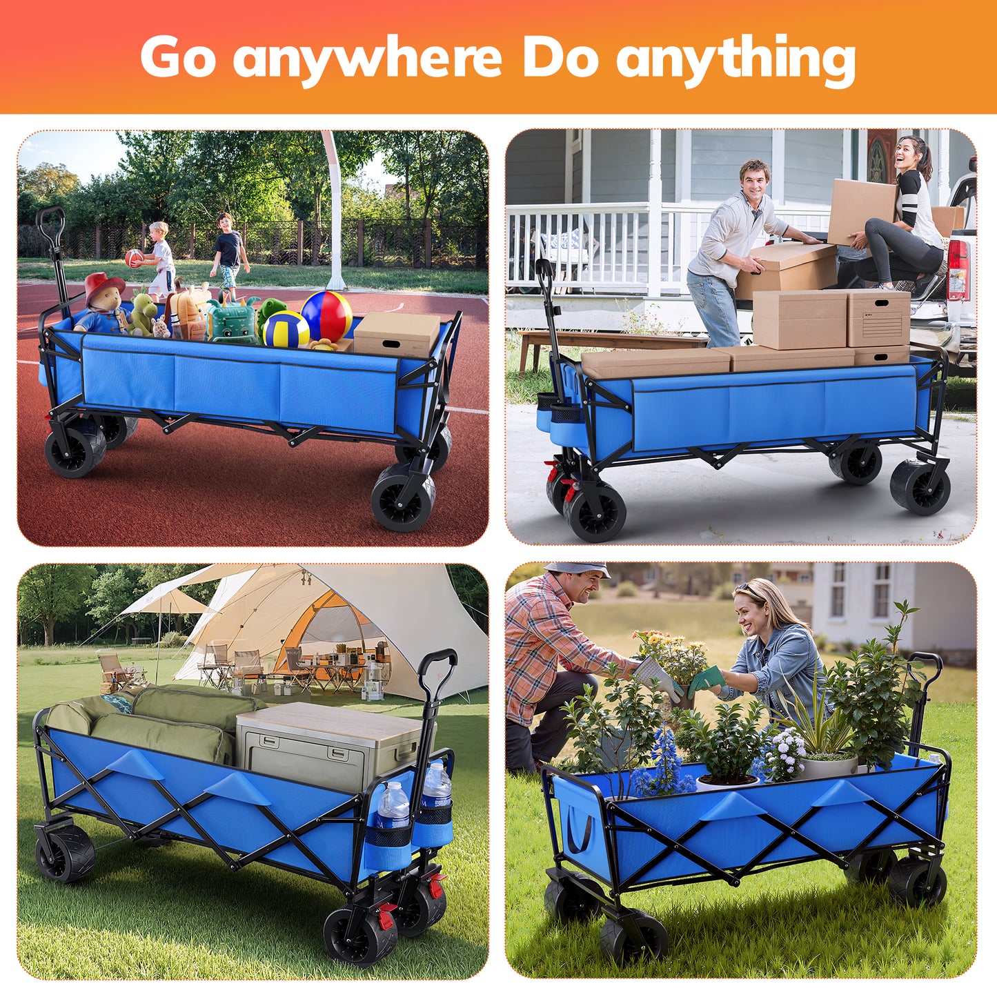 Vecukty 51.2" Large Collapsible Folding Wagon Cart, 560 lbs Load Capacity, Heavy-Duty Steel Frame & Oversized Wheels for Grocery Shopping, Camping, Sports, Moving – Blue