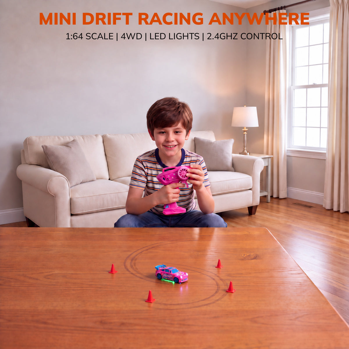 Vecukty 1:64 Pink Mini RC Drift Race Car, Heart Wing Graffiti with Blue Spoiler Remote Control Vehicle