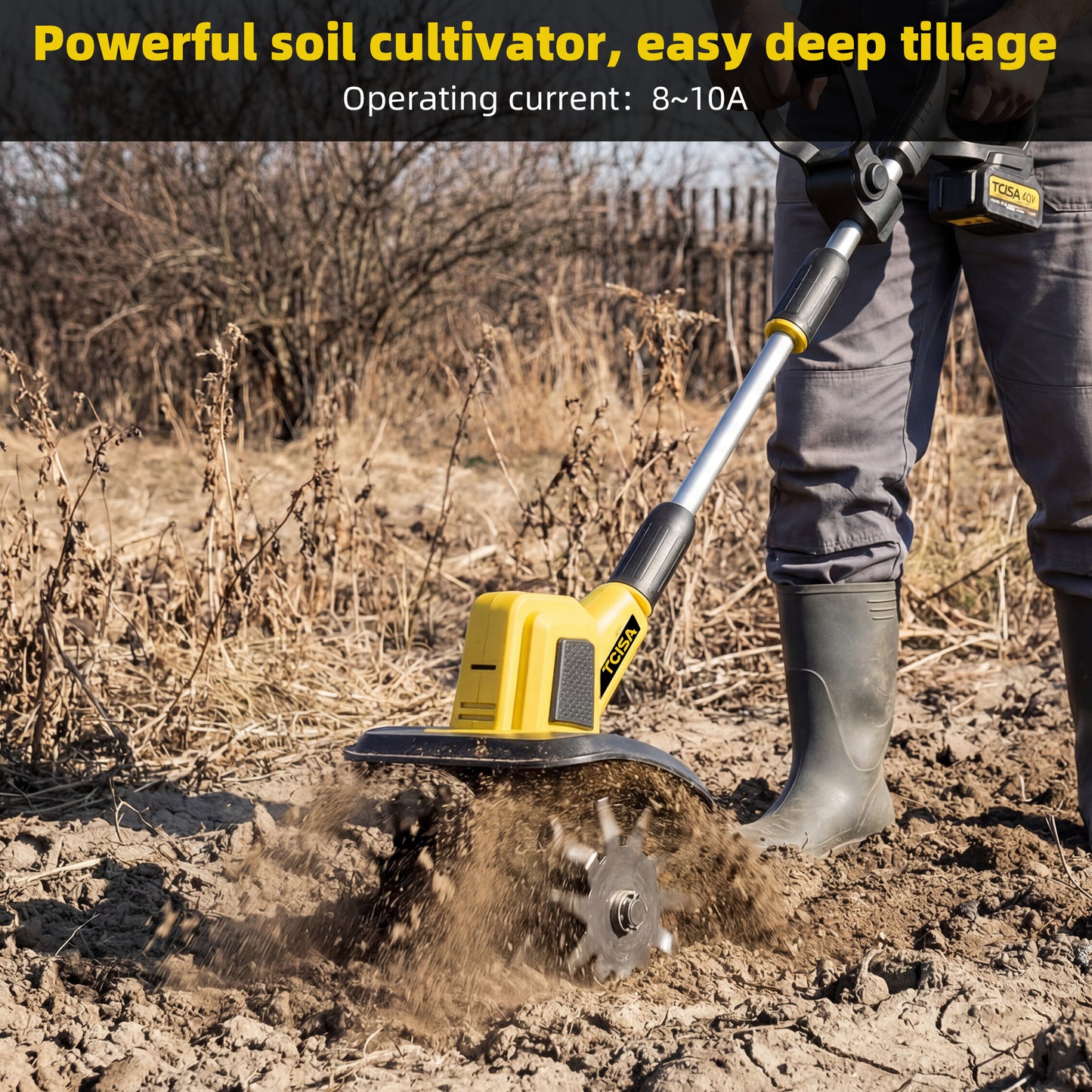 TCISA 20V Cordless Electric Tiller, 9-Inch Width, 300 RPM Battery Powered Garden Cultivator for Soil Tilling and Weeding