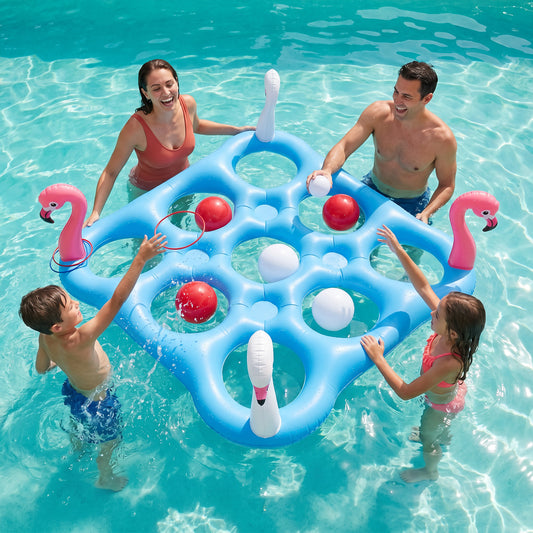 Vecukty 2-in-1 Inflatable Pool Float & Toss Game, Tic Tac Toe & Ring Toss Set with 10 Balls 4 Rings, Outdoor Water Toys for Pool Lake Beach
