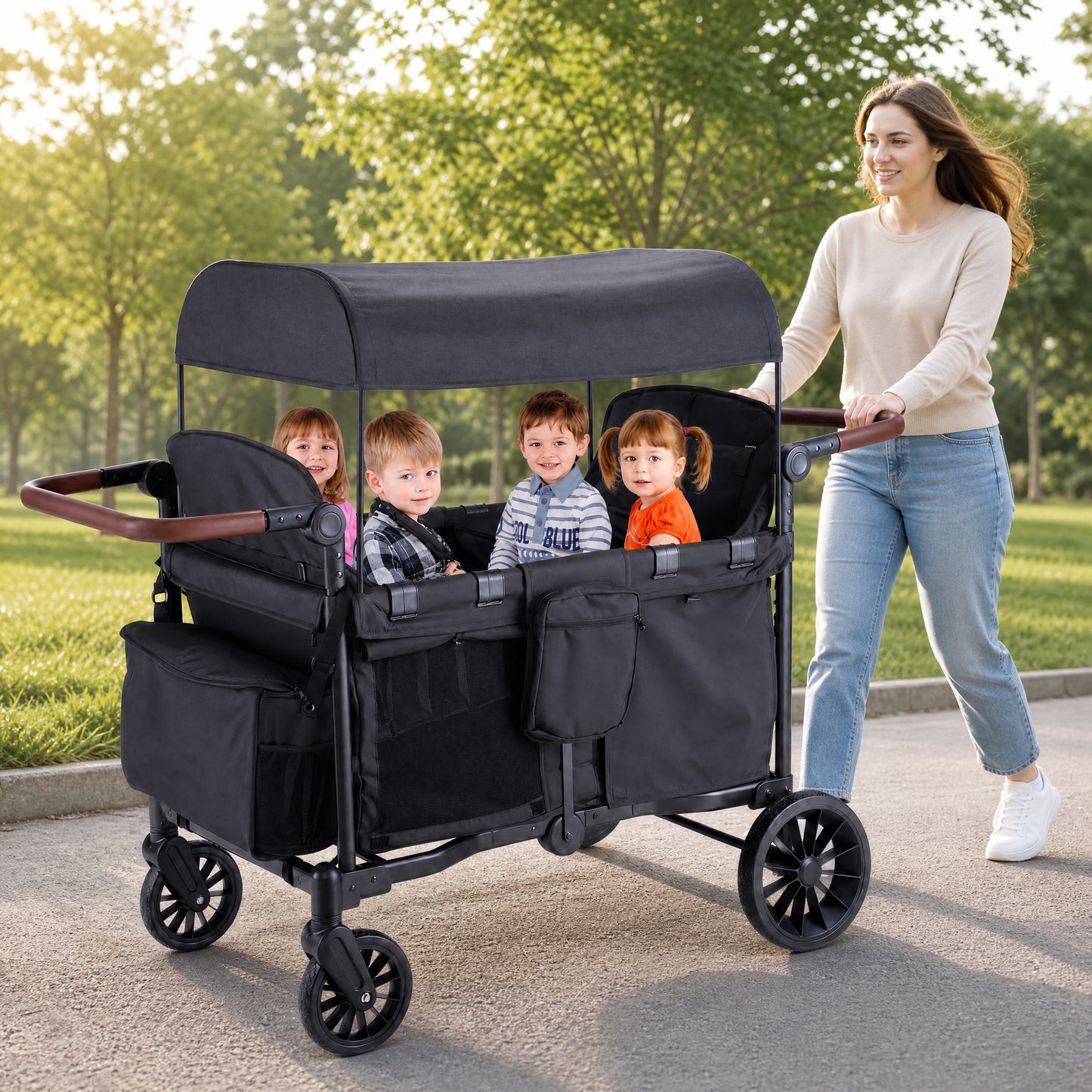 SACVON 4-in-1 Baby Stroller Wagon, 4-Seat Convertible Wagon for Kids with Removable Canopy, Cooler Bag, Adjustable Handle, for Outdoor Camping & Travel, Black