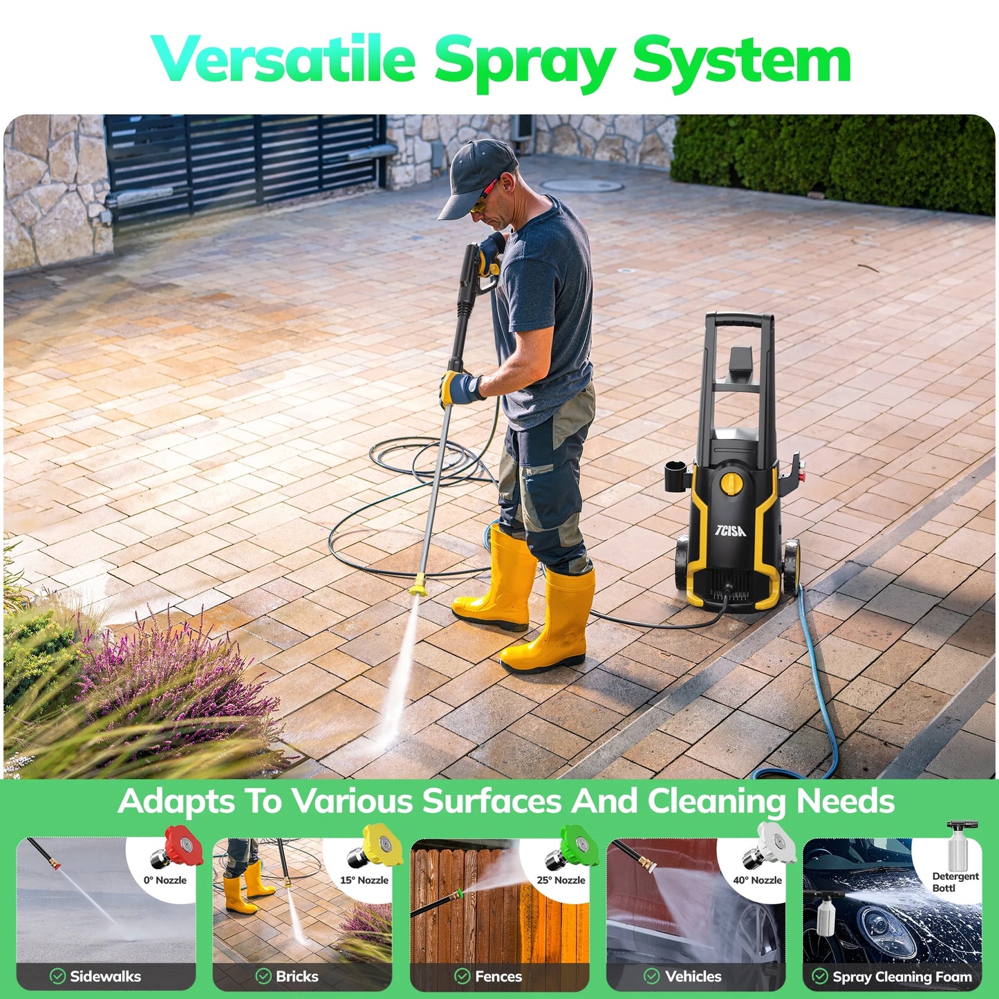 TCISA 3500 PSI Electric Pressure Washer,Max 2 GPM Power Washer with 35FT Power Cord 20FT Hose 4 Nozzles Soap Cannon for Car Garden Yard Hom