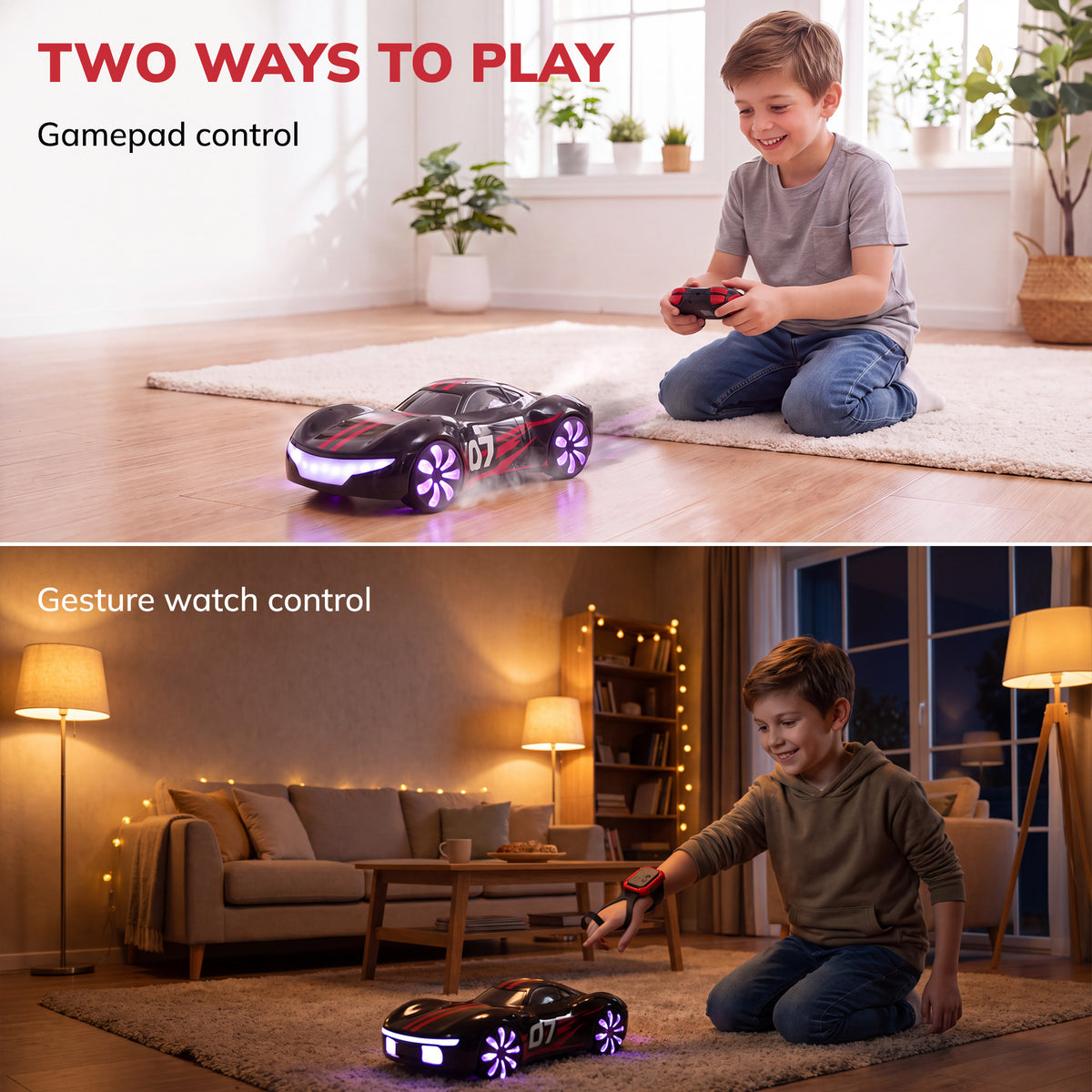 Vecukty RC Drift Stunt Car, 2.4G Remote Control Racing Car with Dual Mist Effect, LED Light Wheels, 360 Spinning & EV Charging Station