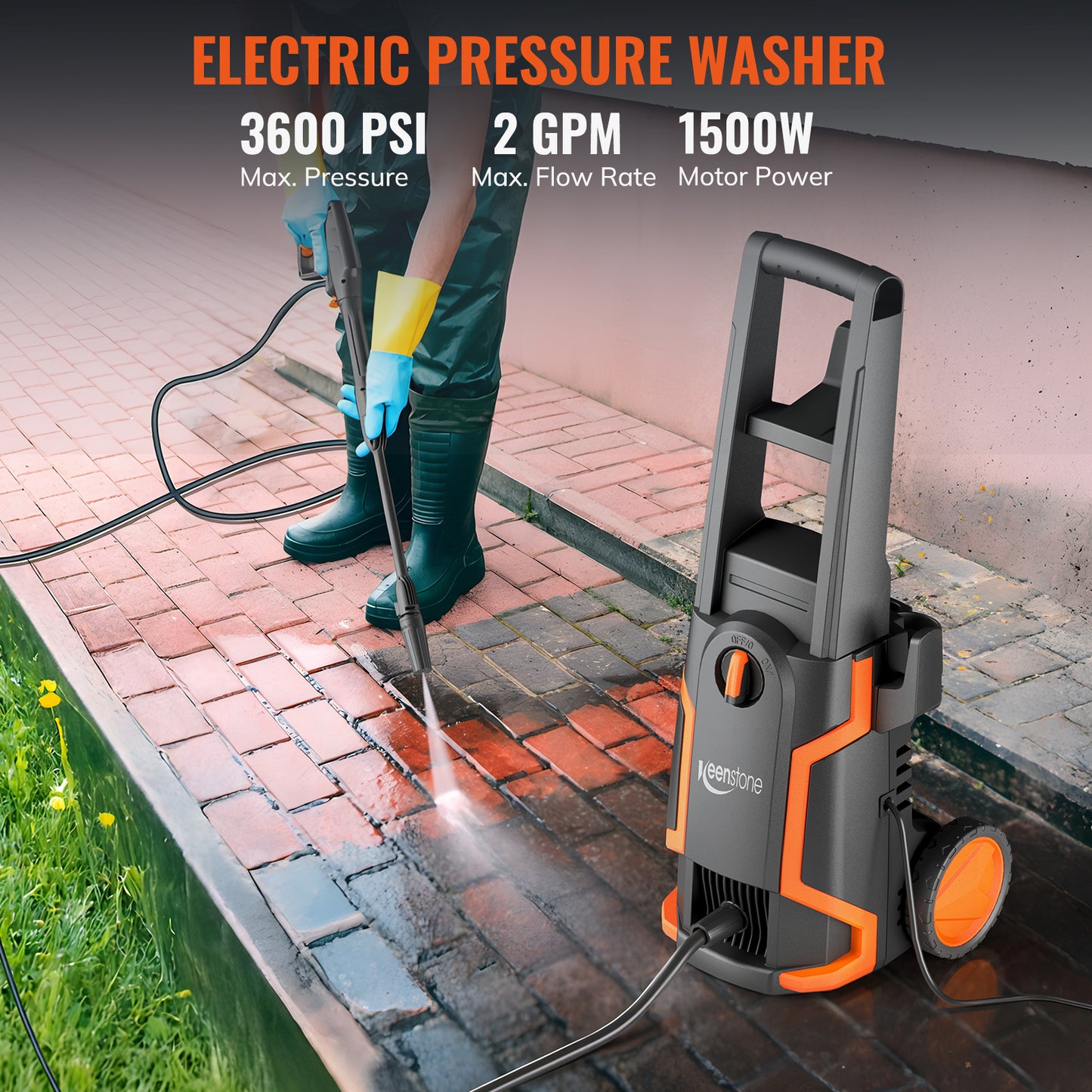 Keenstone 3600 PSI Electric Pressure Washer , Max 2 GPM 110V with Adjustable Nozzle 0-120°,Foam Cannon for Cleaning Cars Patios Driveways Fences Pools