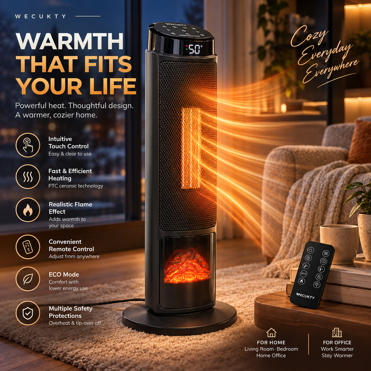 Vecukty Tower Space Heater with 3D Flame, 1500W Portable Electric Heater with Remote Control, Thermostat, 12H Timer for Home Office